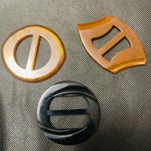 Vintage Bakelite Black, Brown and Amber Belt Buckle or Scarf holders Set